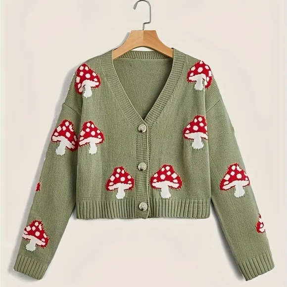 Sweaters - Green Mushroom Pattern Cardigan
